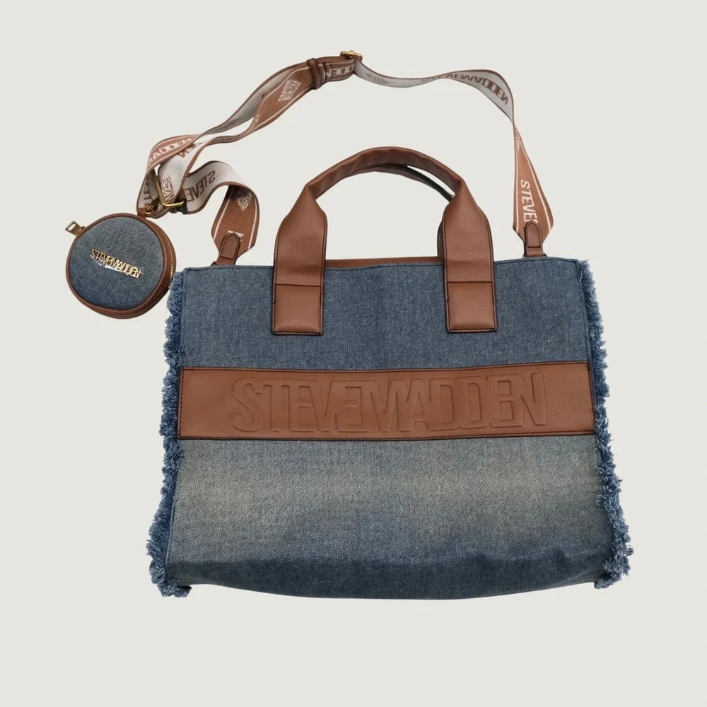 Steve Madden Tote Bag Women Blue Denim Frayed Log Large Satchel